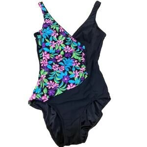 Maxine Of Hollywood Womens One Piece Swimsuit Floral Retro Button Bright Size 10